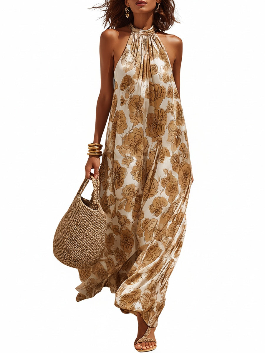Femme Robe Maxi Florale sans Manches col Halter Oversize