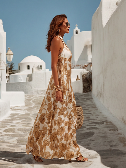 Femme Robe Maxi Florale sans Manches col Halter Oversize