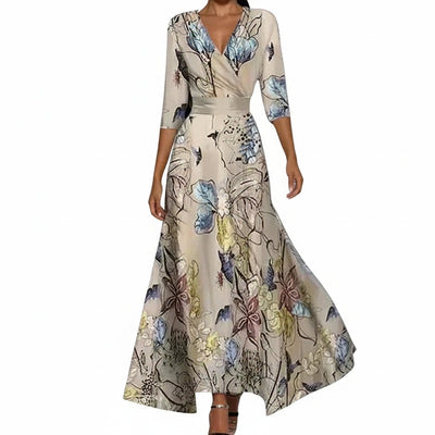 Femme Robe Maxi Imprimée à Col en V et Manches Trois-Quarts Ceinturée