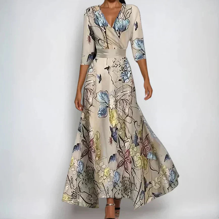 Femme Robe Maxi Imprimée à Col en V et Manches Trois-Quarts Ceinturée