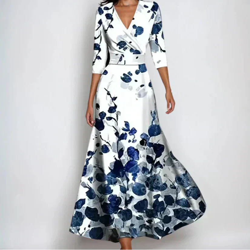 Femme Robe Maxi Imprimée à Col en V et Manches Trois-Quarts Ceinturée