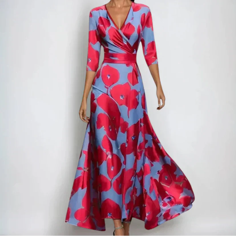 Femme Robe Maxi Imprimée à Col en V et Manches Trois-Quarts Ceinturée