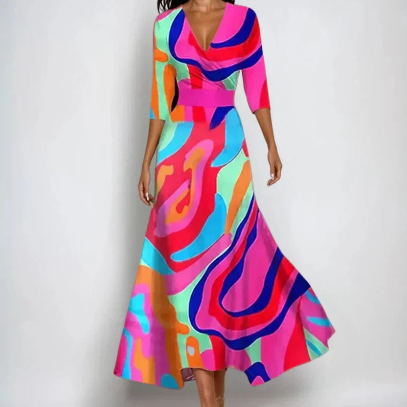 Femme Robe Maxi Imprimée à Col en V et Manches Trois-Quarts Ceinturée