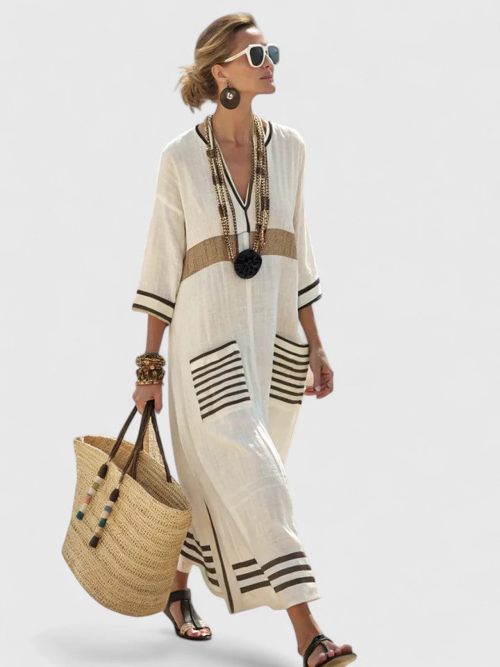 Femme Robe Maxi Kaftan avec Col en V et Poches Rayures Contrastées