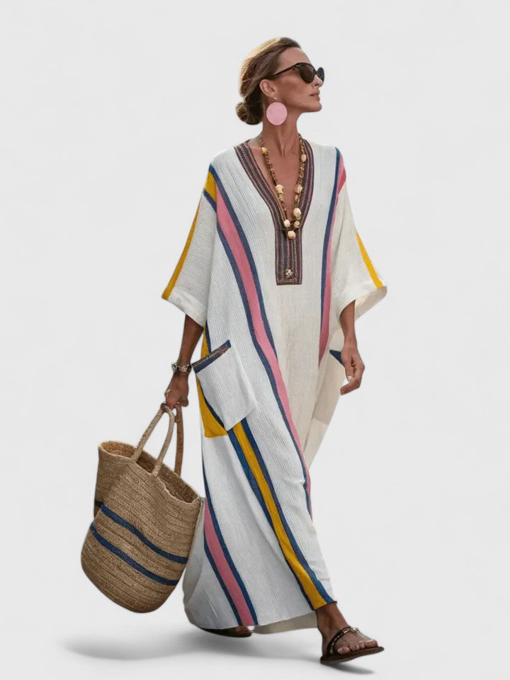 Femme Robe Maxi Kaftan avec Col en V et Poches Rayures Contrastées