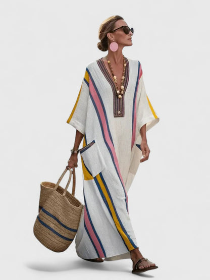 Femme Robe Maxi Kaftan avec Col en V et Poches Rayures Contrastées