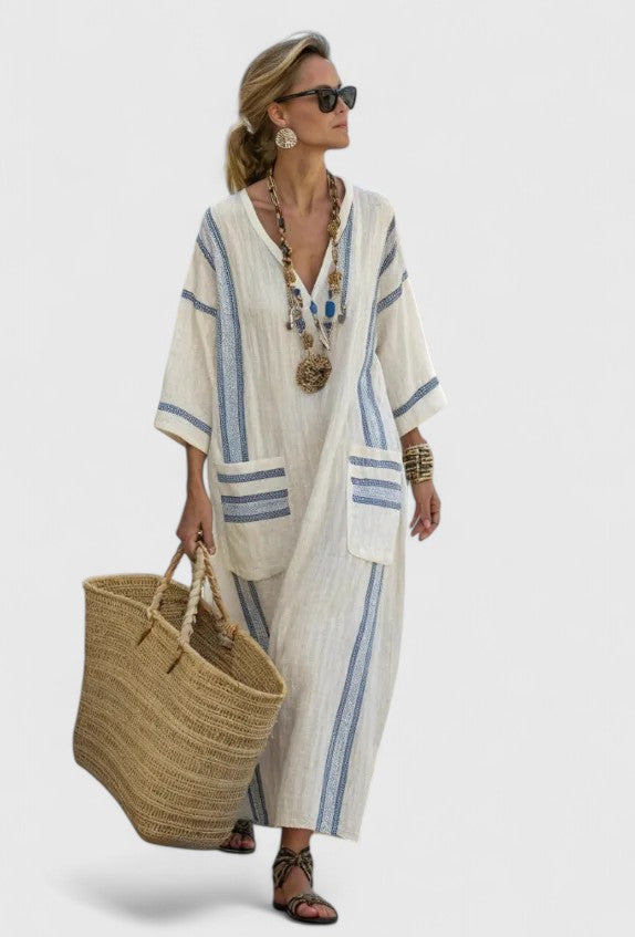 Femme Robe Maxi Kaftan avec Col en V et Poches Rayures Contrastées