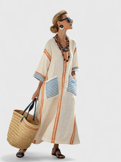 Femme Robe Maxi Kaftan avec Col en V et Poches Rayures Contrastées