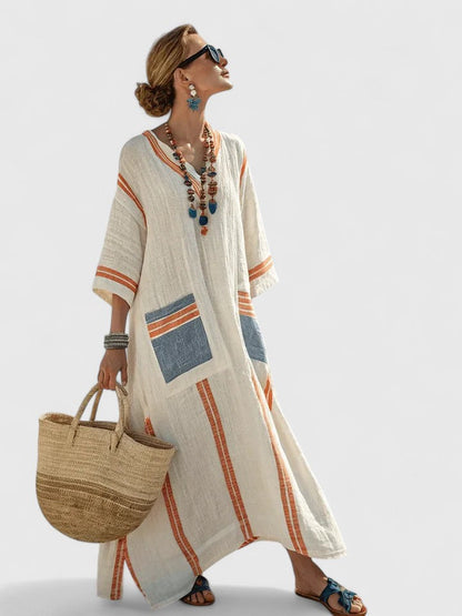 Femme Robe Maxi Kaftan avec Col en V et Poches Rayures Contrastées