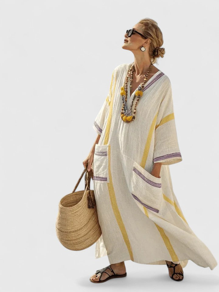 Femme Robe Maxi Kaftan avec Col en V et Poches Rayures Contrastées