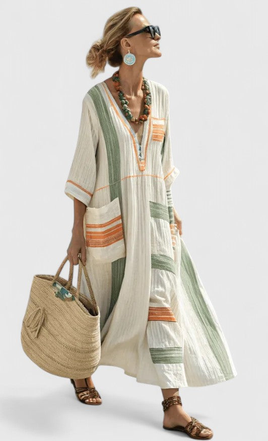 Femme Robe Maxi Kaftan avec Col en V et Poches Rayures Contrastées