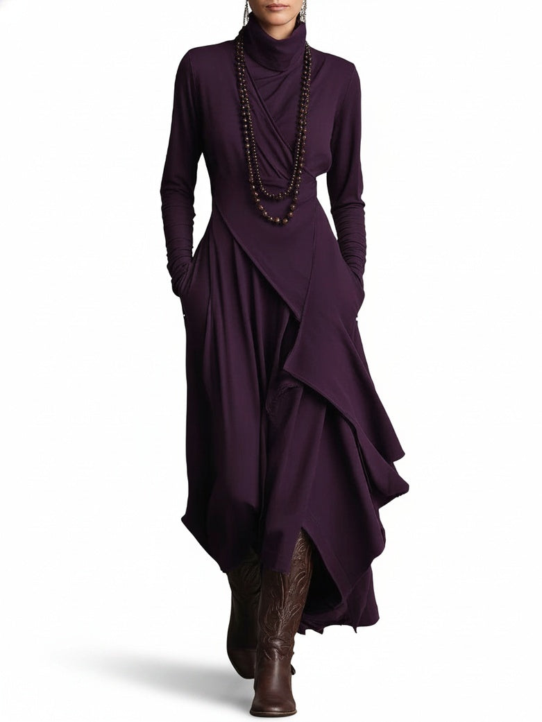Femme Robe Maxi Longue Col Roulé Manches Longues avec Ourlet Asymétrique