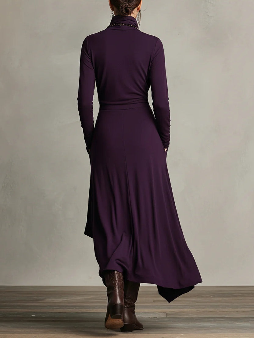 Femme Robe Maxi Longue Col Roulé Manches Longues avec Ourlet Asymétrique