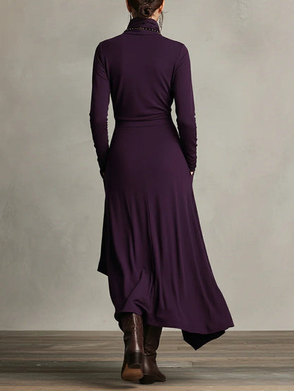 Femme Robe Maxi Longue Col Roulé Manches Longues avec Ourlet Asymétrique