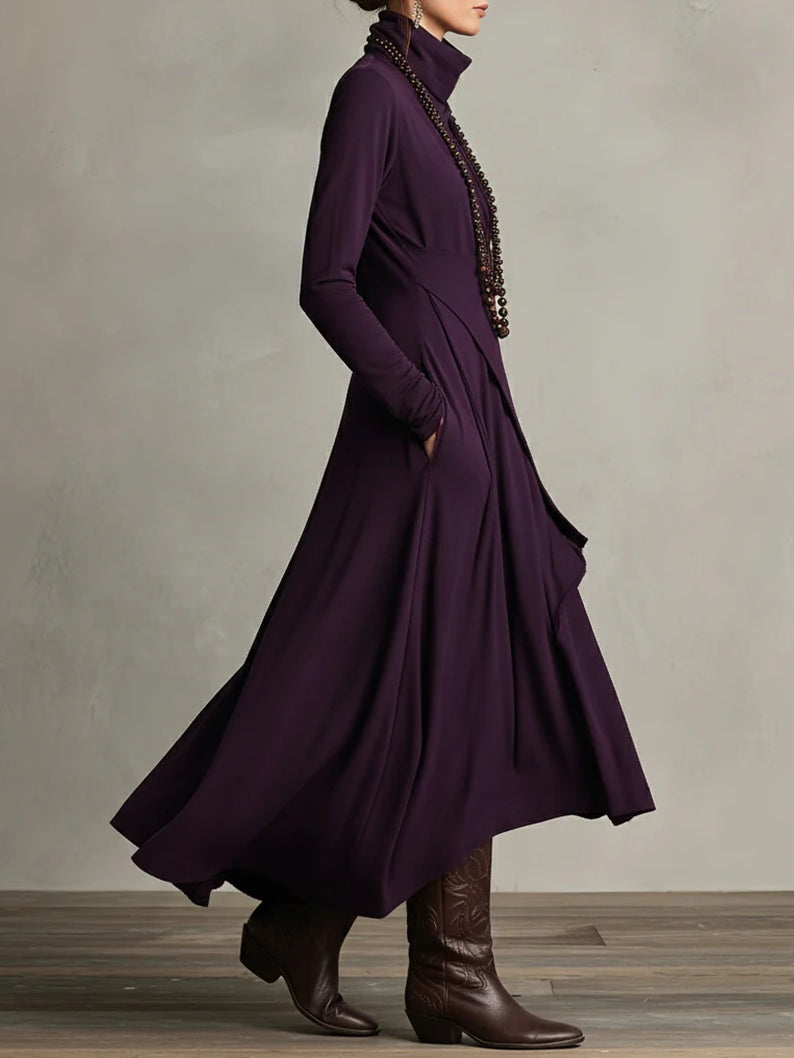 Femme Robe Maxi Longue Col Roulé Manches Longues avec Ourlet Asymétrique