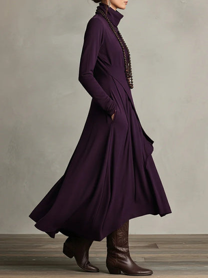 Femme Robe Maxi Longue Col Roulé Manches Longues avec Ourlet Asymétrique