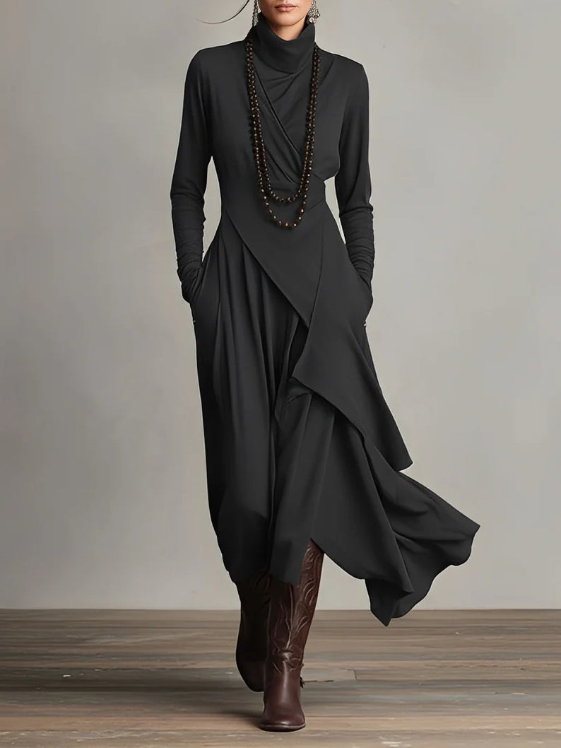 Femme Robe Maxi Longue Col Roulé Manches Longues avec Ourlet Asymétrique