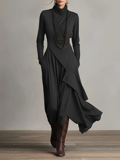 Femme Robe Maxi Longue Col Roulé Manches Longues avec Ourlet Asymétrique