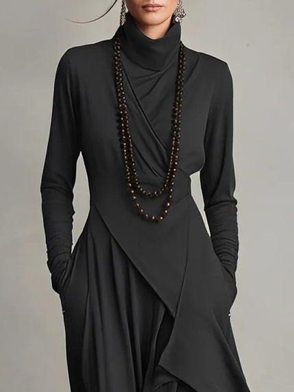Femme Robe Maxi Longue Col Roulé Manches Longues avec Ourlet Asymétrique