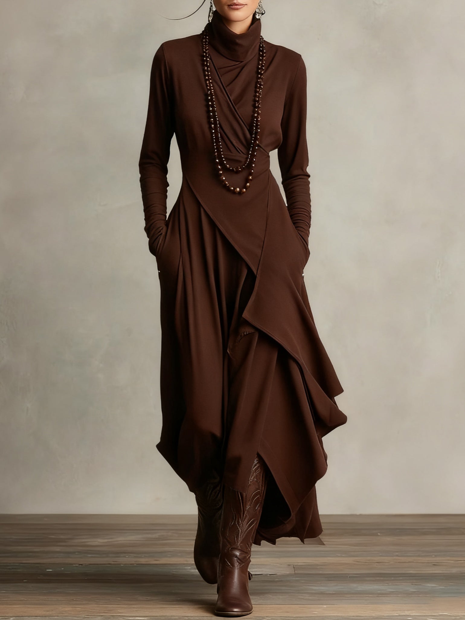 Femme Robe Maxi Longue Col Roulé Manches Longues avec Ourlet Asymétrique