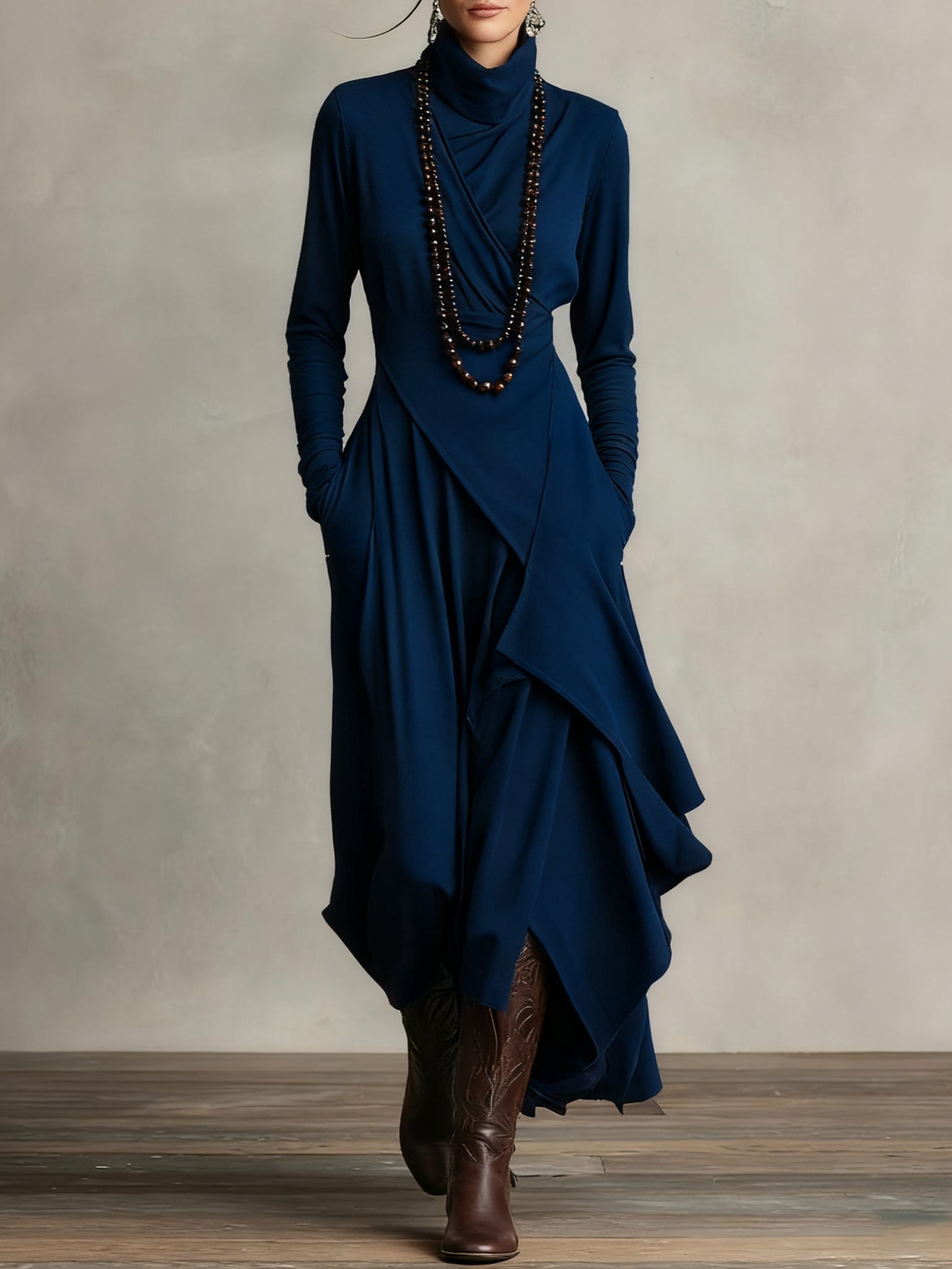 Femme Robe Maxi Longue Col Roulé Manches Longues avec Ourlet Asymétrique