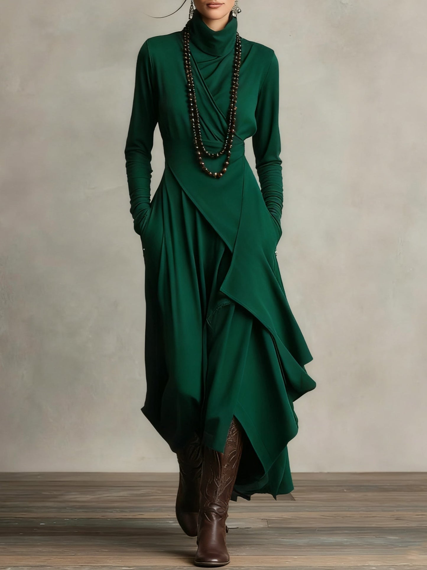 Femme Robe Maxi Longue Col Roulé Manches Longues avec Ourlet Asymétrique