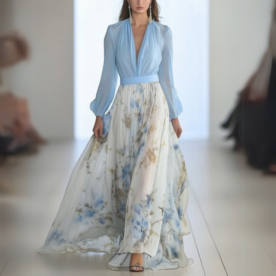 Femme Robe Maxi Longue Manches Longues col V avec Imprimé Floral et Silhouette A-ligne