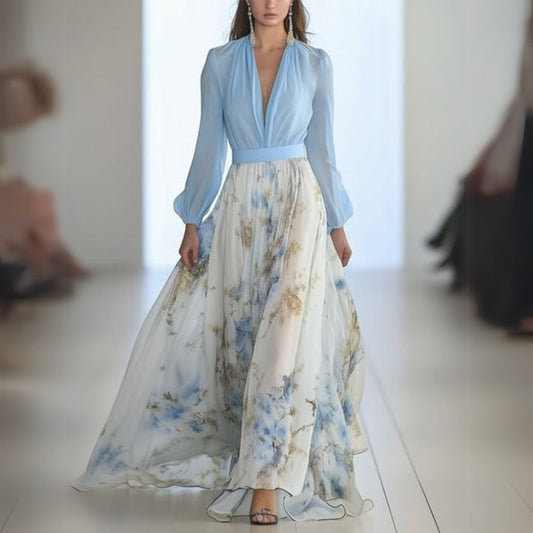 Femme Robe Maxi Longue Manches Longues col V avec Imprimé Floral et Silhouette A-ligne