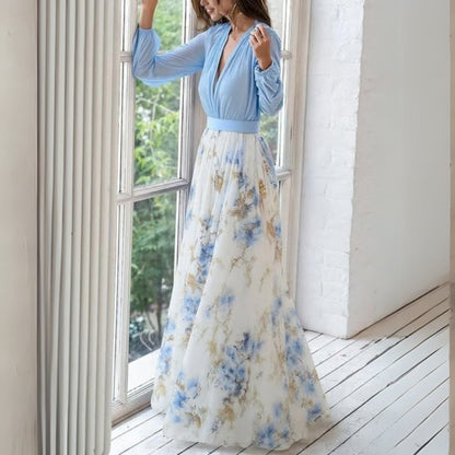 Femme Robe Maxi Longue Manches Longues col V avec Imprimé Floral et Silhouette A-ligne