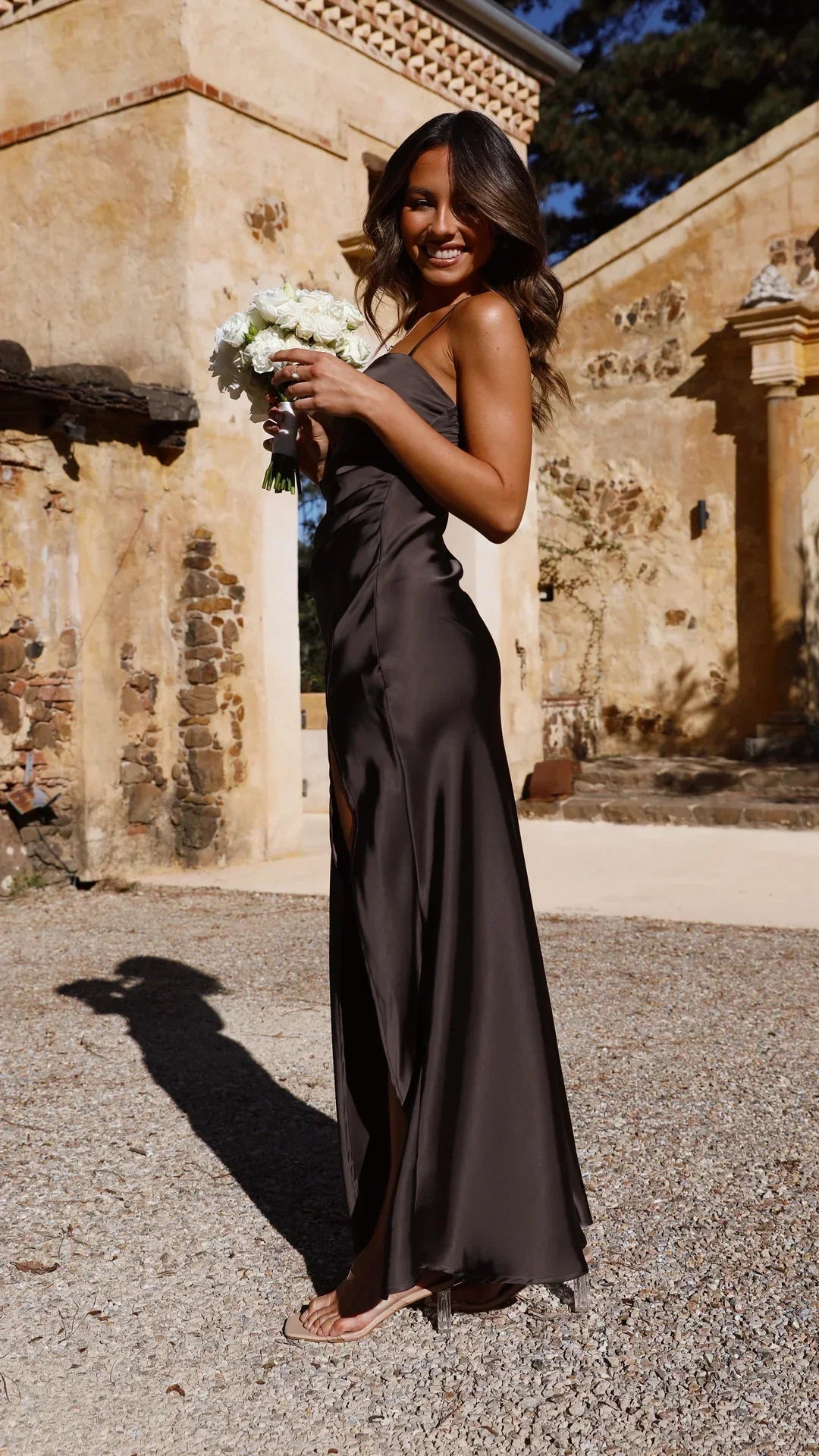 Femme Robe Maxi Longue sans Manches à Bretelles Fines avec Fente et Drapé