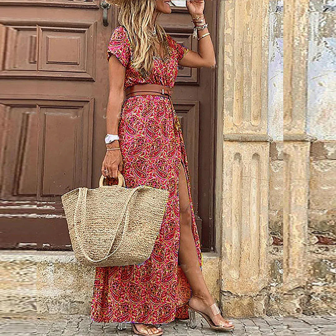 Femme Robe Maxi Manches Courtes à Imprimé Bohème avec Col en V et Fente
