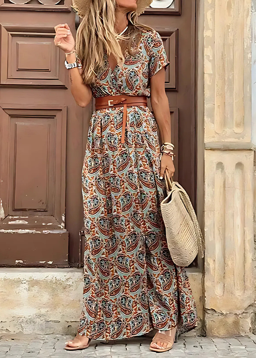 Femme Robe Maxi Manches Courtes à Imprimé Bohème avec Col en V et Fente