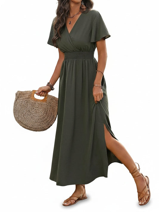Femme Robe Maxi Manches Courtes avec Col Croisé et Taille Smockée