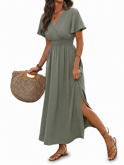 Femme Robe Maxi Manches Courtes avec Col Croisé et Taille Smockée