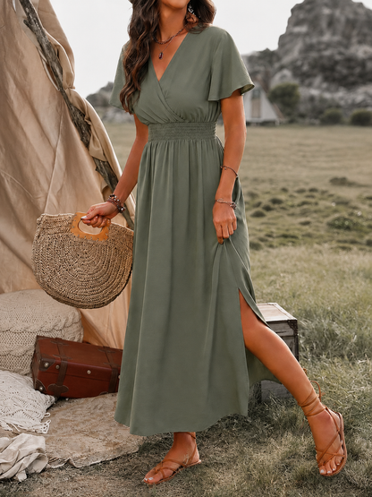 Femme Robe Maxi Manches Courtes avec Col Croisé et Taille Smockée