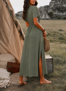 Femme Robe Maxi Manches Courtes avec Col Croisé et Taille Smockée