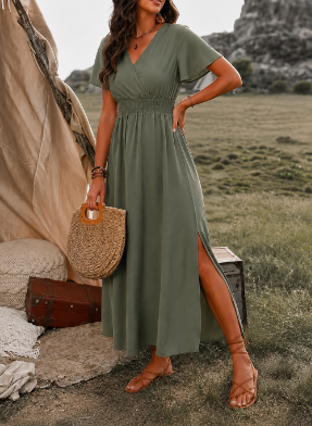 Femme Robe Maxi Manches Courtes avec Col Croisé et Taille Smockée