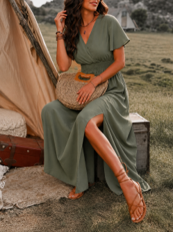 Femme Robe Maxi Manches Courtes avec Col Croisé et Taille Smockée