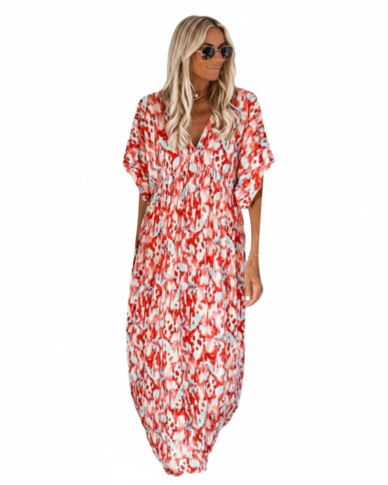Femme Robe Maxi Manches Courtes avec Col en V et Imprimé Abstrait Coupe Ample