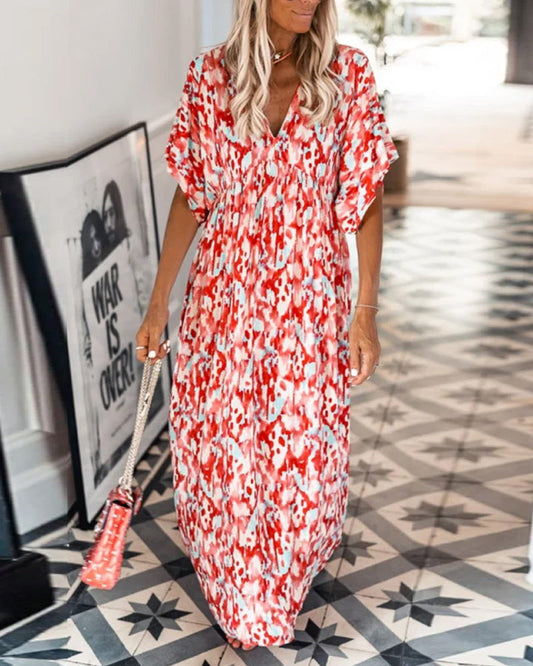 Femme Robe Maxi Manches Courtes avec Col en V et Imprimé Abstrait Coupe Ample