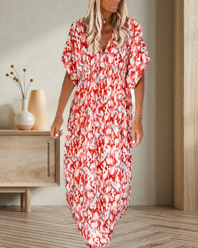 Femme Robe Maxi Manches Courtes avec Col en V et Imprimé Abstrait Coupe Ample
