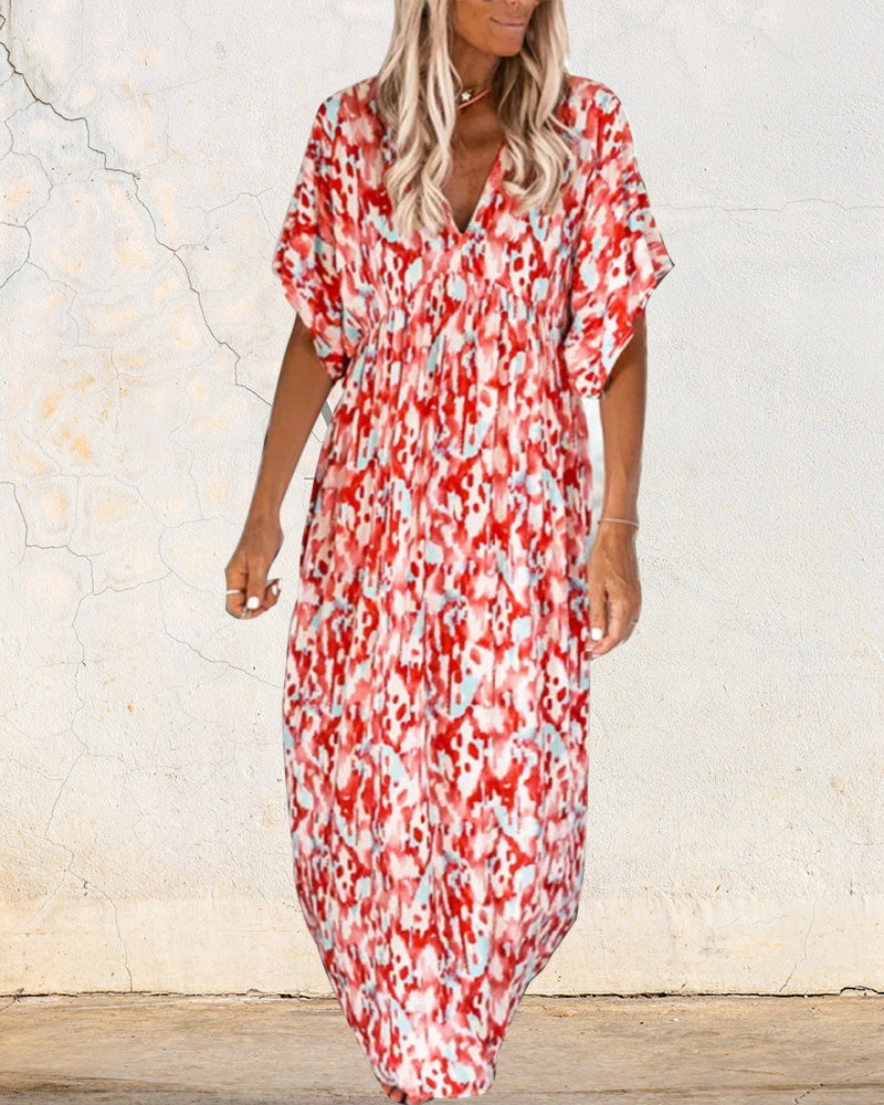 Femme Robe Maxi Manches Courtes avec Col en V et Imprimé Abstrait Coupe Ample