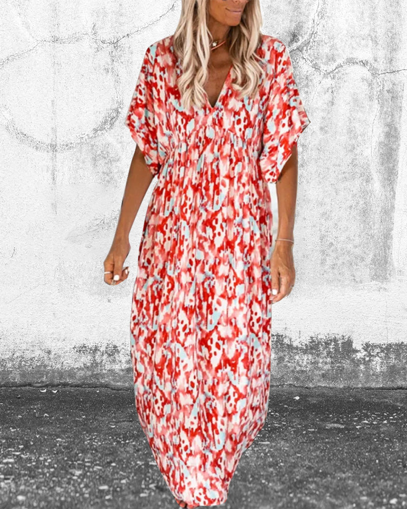 Femme Robe Maxi Manches Courtes avec Col en V et Imprimé Abstrait Coupe Ample