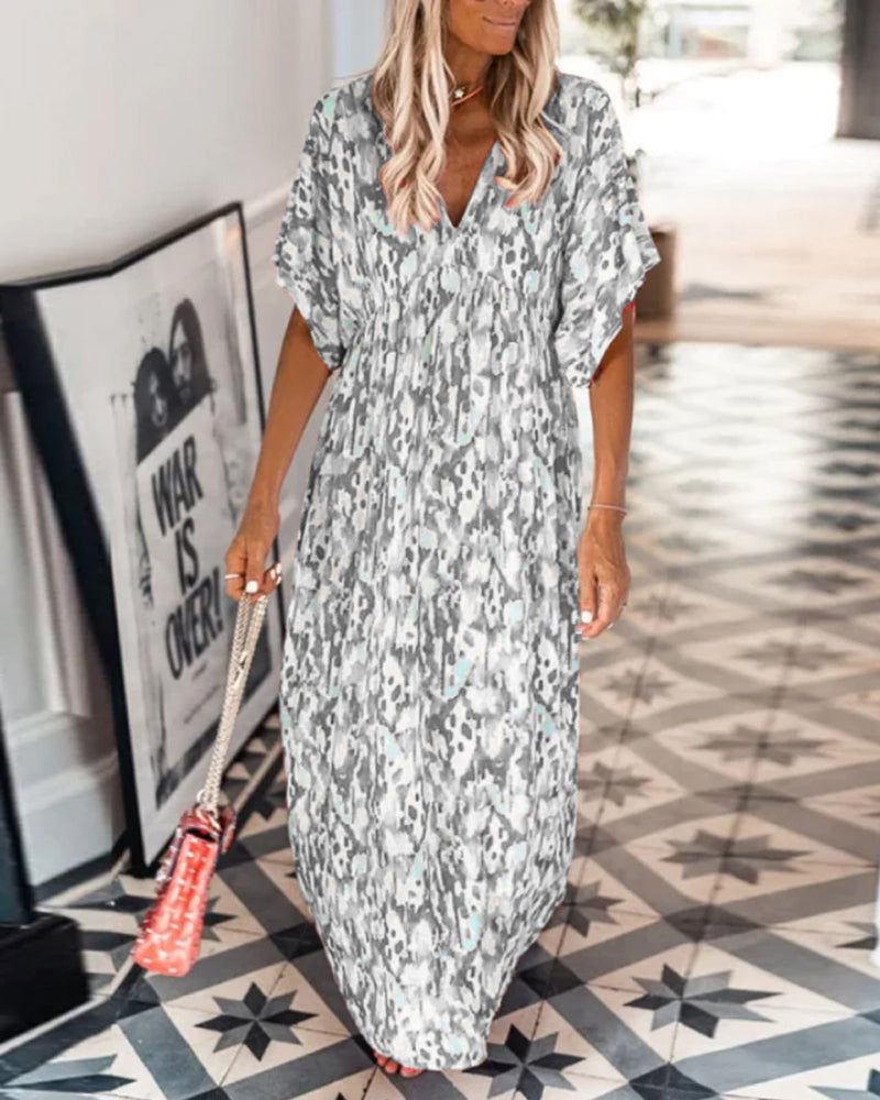 Femme Robe Maxi Manches Courtes avec Col en V et Imprimé Abstrait Coupe Ample