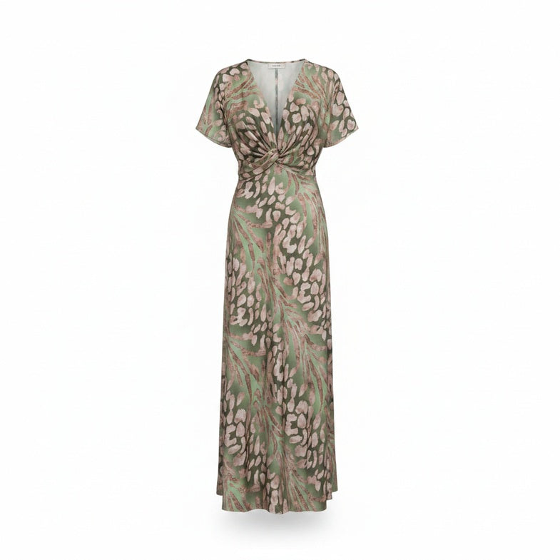Femme Robe Maxi Manches Courtes avec Col en V Twisté et Imprimé Animalier