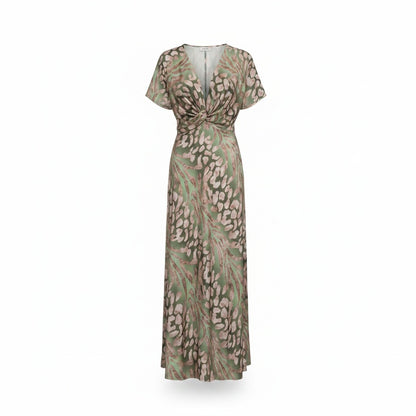 Femme Robe Maxi Manches Courtes avec Col en V Twisté et Imprimé Animalier