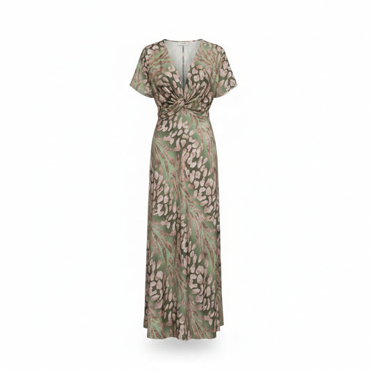 Femme Robe Maxi Manches Courtes avec Col en V Twisté et Imprimé Animalier