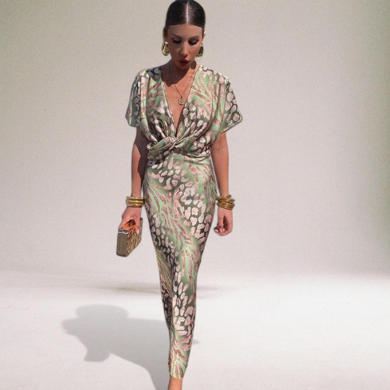 Femme Robe Maxi Manches Courtes avec Col en V Twisté et Imprimé Animalier