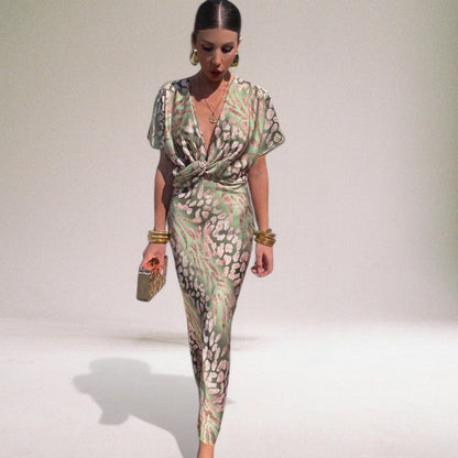 Femme Robe Maxi Manches Courtes avec Col en V Twisté et Imprimé Animalier