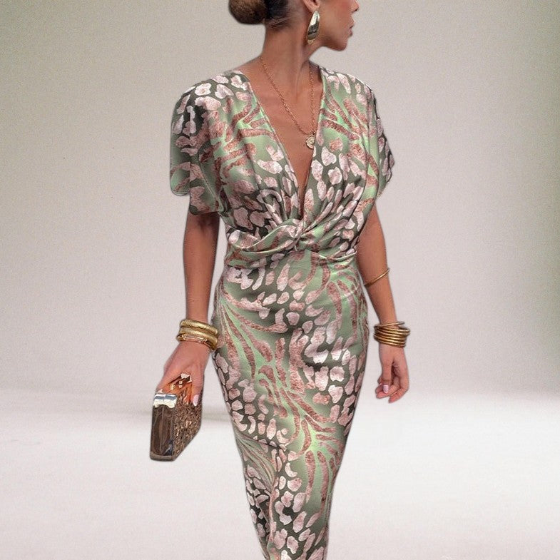 Femme Robe Maxi Manches Courtes avec Col en V Twisté et Imprimé Animalier